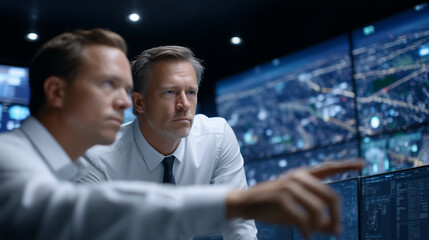 Naklejka premium Engineers monitoring a virtual dashboard in a high-tech control room, analyzing real-time data from cloud-connected machines using AI and machine learning in a smart factory enviro