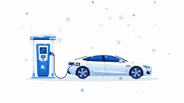 Modern Electric Car Charging at a Snowy Station During a Winter Snowfall Animation.