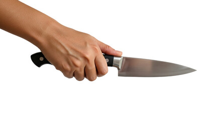 hand with knife, hand holding kitchen knife on white background