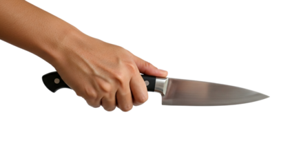 hand with knife, hand holding kitchen knife on white background