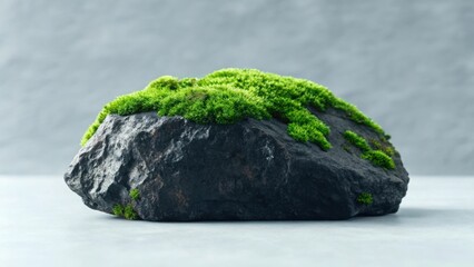Dark, textured rock covered with vibrant green moss on a light grey surface