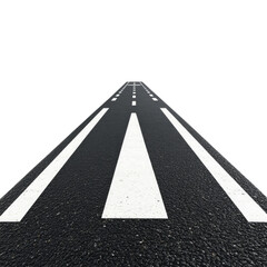 Straight black asphalt road with white lane markings leading into the distance on transparent background, cutout PNG