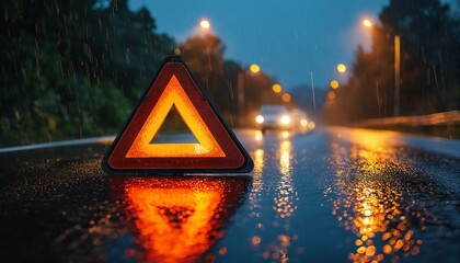a reflective warning triangle glows intensely on a wet road under the blurred lights of oncoming vehicles during a rainy night.