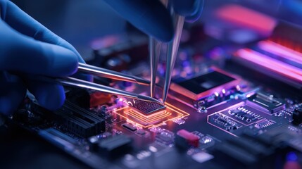 Technician carefully installing a microchip onto a circuit board in a high-tech lab environment