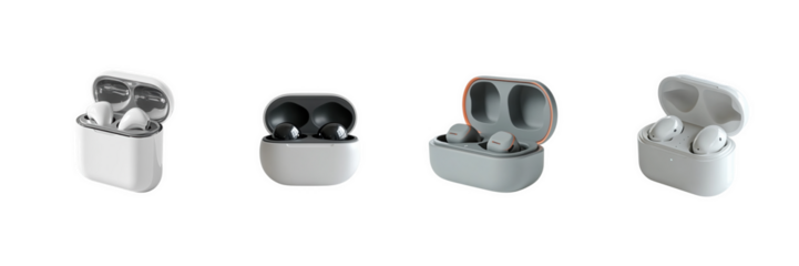 A compact wireless earbud case with earbuds slightly open, photographed in a studio - isolated on a transparent background