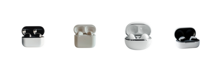 A compact wireless earbud case with earbuds slightly open, photographed in a studio - isolated on a transparent background
