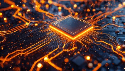 a vibrant and detailed rendering of a computer chip with glowing orange circuitry and particle effects on a dark background.