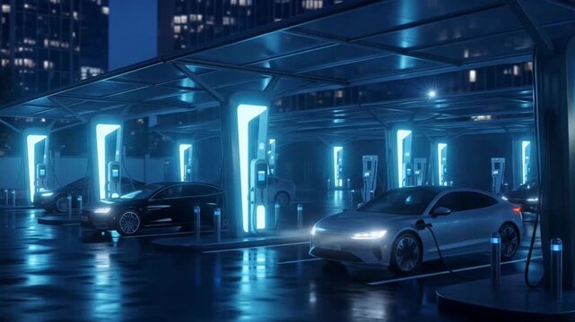 Sleek Electric Vehicles Refueling at a Futuristic Neon Blue Charging Station in a Night City.
