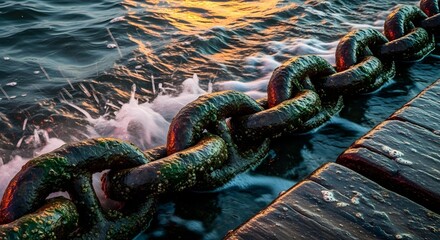 Close-up of a large rusty anchor chain on a dock yard
