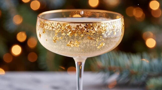 Elegant cocktail glass filled with sparkling beverage and adorned with gold flakes, set against a festive bokeh background, creating a celebratory atmosphere for special occasions
