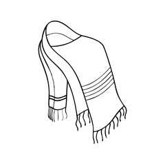Traditional tallit outline for Yom Kippur celebration, detailed linear illustration of Jewish prayer shawl. Yom Kippur symbol has fringed edges and classic stripes, used in religious ceremonies.