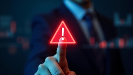 A man in a suit points at a red warning sign with an exclamation mark, symbolizing alertness and urgency.