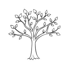 Sparse tree illustration against white background, graphic style. Sparse tree features simple lines creating branches, leaves, and trunk. Isolated sparse tree illustration with minimalist design,