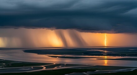 Pan across a broad river delta with mist rising at morning