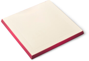 square flat two toned cardboard box isolated white background, mock-up template of container with pink sides and blank space for copy or branding