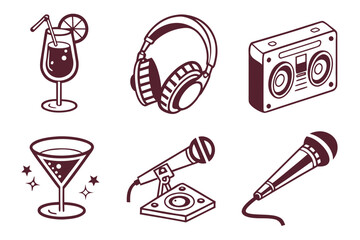 Collection of music and party icons cocktail, headphones, boombox, microphone