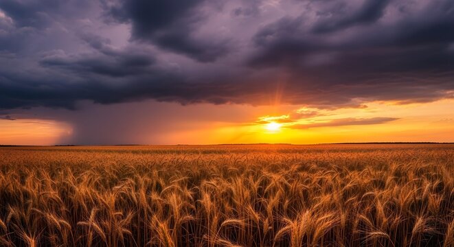 Pan across dramatic thunderheads over open fields