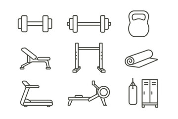 Obraz premium Fitness equipment icon set. gym essentials in a sleek outline style