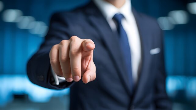 A man in a suit pointing his finger directly at the viewer in a strong and assertive manner