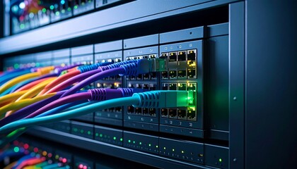Colorful Network Cables Plugged into Steel Port Wall Industrial-Grade Server Room Featuring Backup Power Units, Precision Cooling Racks, Exposed Power Cables, and Ventilation Infrastructure.