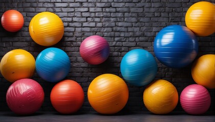 a colorful collection of exercise balls are arranged against a dark brick wall, creating a vibrant and dynamic display.