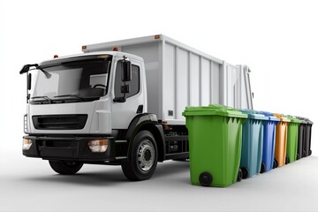 White garbage truck lined with colorful recycling bins for efficient waste management