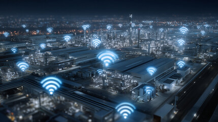 A futuristic manufacturing plant filled with interconnected IoT devices, smart machines exchanging data through glowing wireless signals, representing real-time communication and a