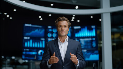Professional man reviewing financial charts while speaking during a virtual boardroom meeting, surrounded by smart gadgets and dual screens, with a clean corporate background virtu