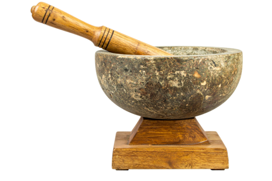 Traditional Hand Grinding Stone with Wooden Base, isolated on transparent background