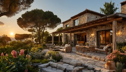 Fototapeta premium a rustic stone villa with a sprawling patio and lush gardens basks in the warm glow of a setting sun.