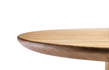 Close-up of a light-brown wooden oval table's edge.  The smooth, slightly curved edge of a light-brown wooden table top is featured.  The grain of the wood is visible, and the finish appears matte
