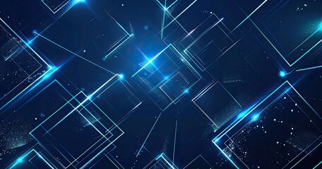 Abstract digital design featuring glowing geometric shapes and lines in a dark background.