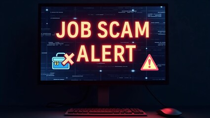 A digital screen displaying 'JOB SCAM ALERT' emphasizing the need for caution against fraudulent job offers.