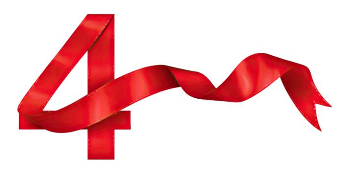 Red ribbon draped around the number four