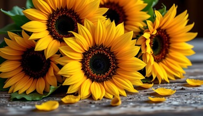 Obraz premium a vibrant cluster of sunflowers are displayed prominently on a rustic wooden surface. the flowers, in various stages of bloom, showcase bright yellow petals surrounding dark, textured centers
