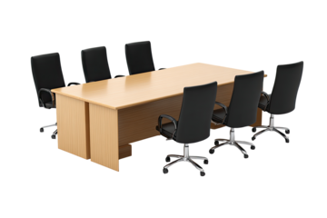 Rectangular light-wood conference table with six black chairs
