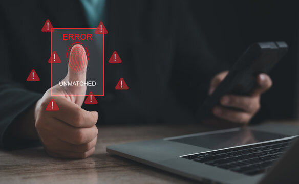 Individual using fingerprint scanner facing error with &ldquo;Unmatched&rdquo; warning, representing biometric access failure, login rejection, authentication error, and identity verification issue.