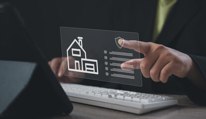 Businessman selecting home insurance policy document with shield icon on virtual interface, symbolizing digital property protection, secure housing coverage, and modern insurance management system.