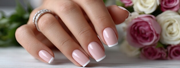 Well-groomed hand with French manicure and wedding ring displayed against a blurred flower bouquet on a white background