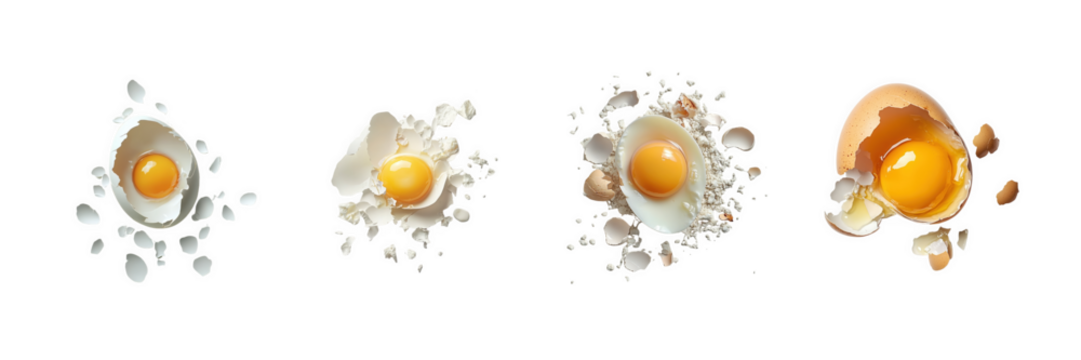 A cracked egg with the yolk intact, surrounded by shell fragments, isolated on a transparent background