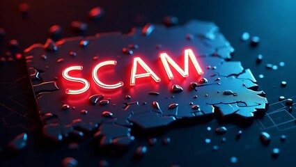 A close-up of the word 'SCAM' illuminated in neon red against a dark, textured background, conveying a warning about deceit.