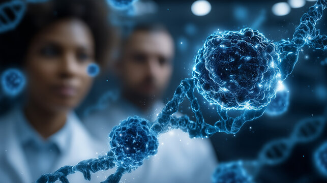 Modern research laboratory with scientists examining DNA strands and cancer cells under a microscope, symbolizing advanced cancer research and new therapies including immunotherapy - Powered by Adobe