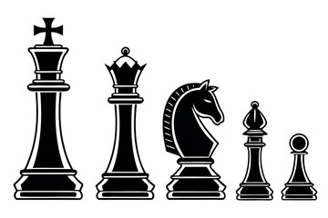 Five chess pieces, including king, queen, knight, bishop, and pawn, stand black and isolated
