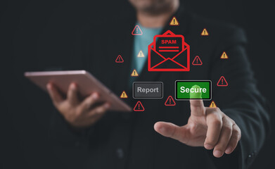Businessperson uses tablet and presses secure button on digital spam alert interface surrounded by warning icons, representing email threat detection, cybersecurity risk, and data protection action.