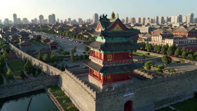 Aerial view of the ancient buildings on the city wall of Xi'an and the urban scenery of the ancient capital Kaifeng