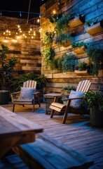 Fototapeta premium Rustic patio at night, with wood wall, plants, and chairs
