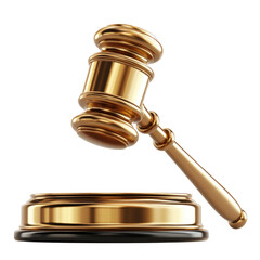 Golden gavel with a base used in legal proceedings in a courtroom setting, transparent background, cutout PNG