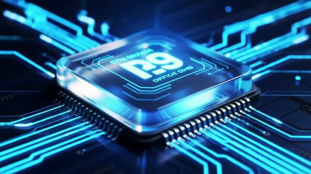 Dynamic animation of powerful R9 computer processor with glowing blue light streams, ideal for technology and innovation videos, futuristic designs