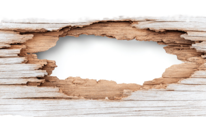 Wooden plank with a large, irregular hole