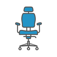 Ergonomic office chair icon designed for comfort and support in blue on a white background